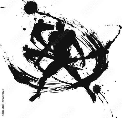 dynamic warrior silhouette with spear in grunge ink splash style, battle pose and motion effect