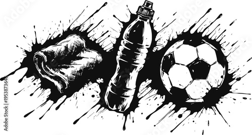 Sports essentials ink sketch with soccer ball, water bottle, and sports glove in grunge