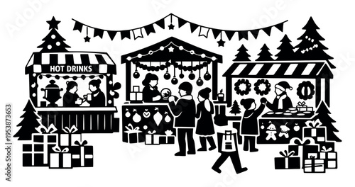 Festive winter market with people shopping for presents, drinking hot beverages, and enjoying the holiday spirit