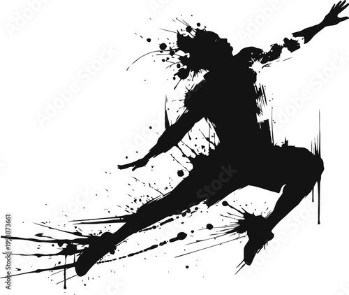 Silhouette of a person jumping dynamically with paint splatters and abstract ink effects