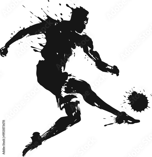Dynamic soccer player silhouette kicking ball with paint splash artistic effect