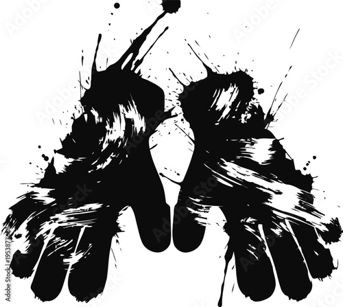 grunge black paint handprints with splatters on white background, artistic ink blot design