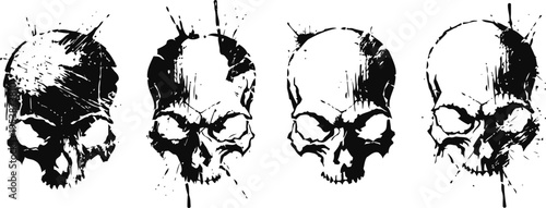 Black grunge skull silhouettes with splatter ink effect set halloween gothic horror design elements