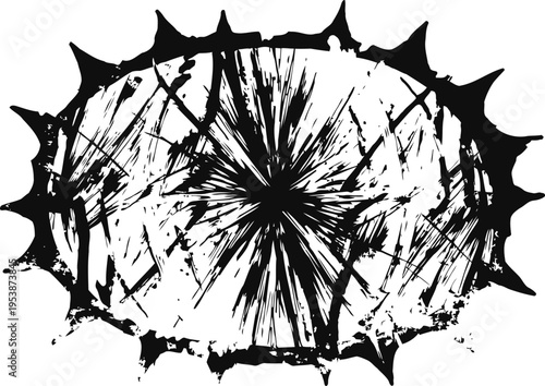 abstract spiky circular shape with distressed texture and radial lines in black and white design