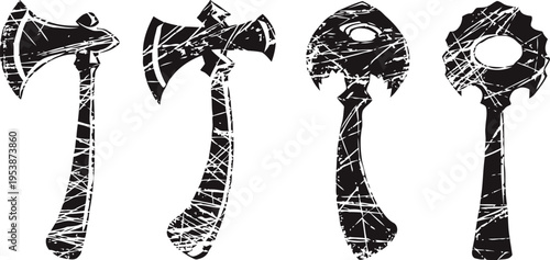 four vintage hand axes silhouettes with wood grain texture on white background