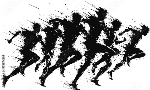 Black ink splash silhouettes of male athletes sprinting in dynamic motion and speed competition