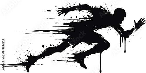 dynamic silhouette of a running athlete with motion streaks and abstract paint splashes