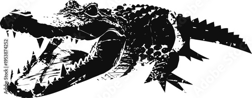 Alligator with open jaws showing sharp teeth in black and white silhouette
