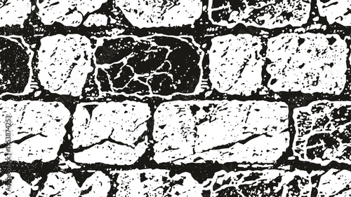 Black and white stone wall texture rough masonry pattern with uneven bricks and mortar cracks