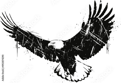 Majestic eagle in flight with detailed wings spread wide, powerful bird illustration in black and white