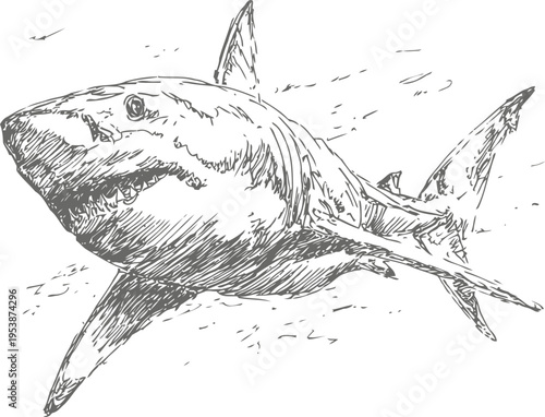 great white shark swimming with detailed sketch lines and dynamic motion underwater