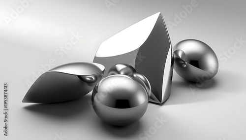 A collection of shiny metallic objects on a plain gray background