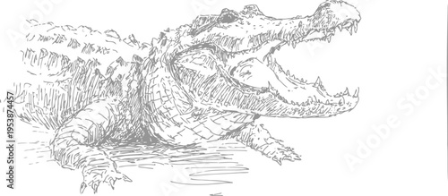 Aggressive crocodile with open jaws lying on muddy ground near water, detailed line art drawing