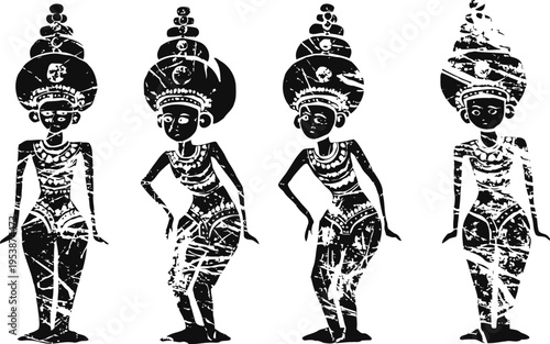 Traditional african womans tribal dance silhouettes ethnic culture, jewelry, headdress, celebration and ritual art