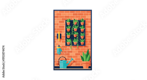 A vibrant vertical garden with multiple potted green plants hangs on a dark panel against a textured red brick wall with gardening tools below.