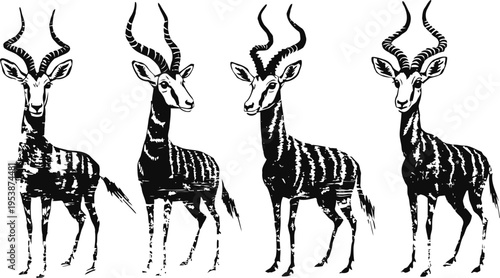 four stylized antelopes standing in a row with curved horns and striped patterns, black and white illustration