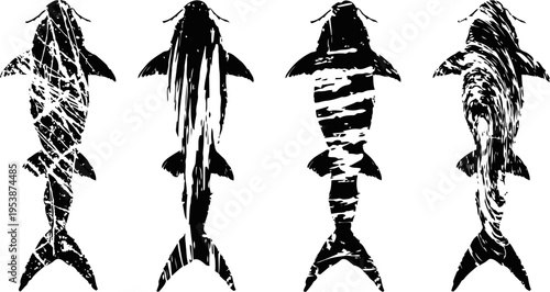 Abstract black and white koi fish silhouettes with textured brushstroke patterns in vertical arrangement