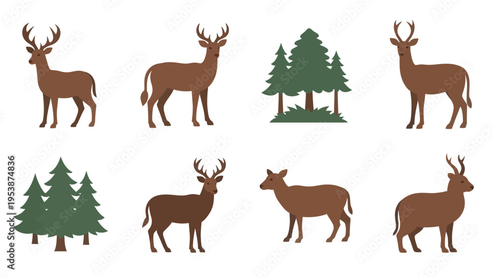 Obraz premium Set of Deer and Pine Trees Icons, Vector Flat Design
