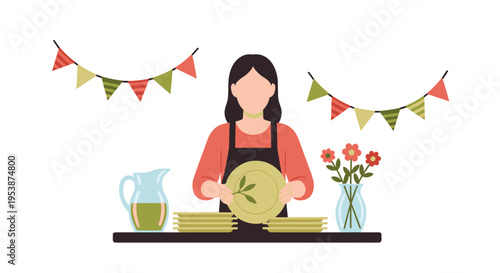 A woman in an apron holds a light green plate with a leaf design, standing behind a counter with stacked plates and a pitcher.