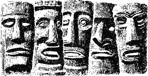 Ancient stone carved statues with abstract faces in a row, primitive tribal art sculpture