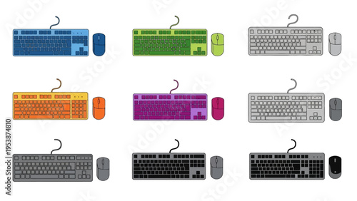 Set of Computer Keyboards and Mice in Various Colors