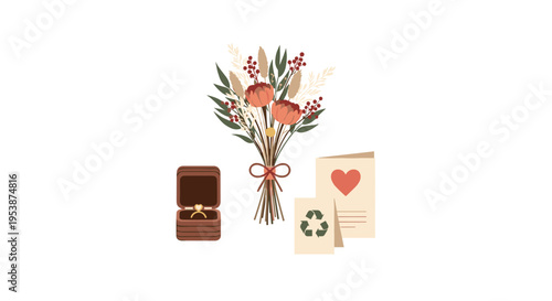 A rustic bouquet of dried flowers with red berries is arranged with an open ring box holding a golden engagement ring and two cards.