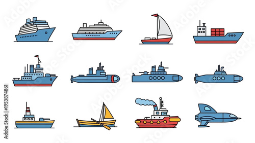 Set of Diverse Watercraft Icons: Cruise Ships, Sailboat, Cargo Ship, Tugboat, Submarines, Yacht