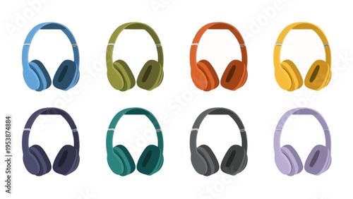 Set of Eight Colorful Headphones: Blue, Green, Orange, Yellow, Purple, Teal, Gray, Lavender