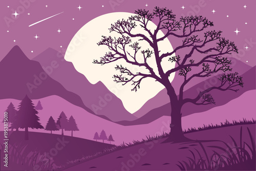 Silhouetted tree against a large moon and starry night sky