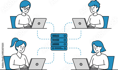 Remote Team Collaboration with Cloud Server Network Illustration. People Working Online Connected to Central Data Server System.