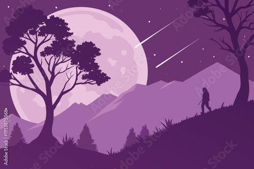 Purple night scene with a full moon trees and shooting stars