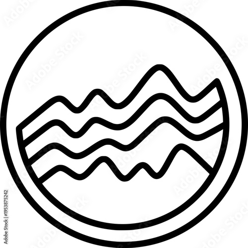 Serene Mountain Icon: An elegant, minimalist line art icon depicts rolling mountains enclosed in a circular frame, symbolizing nature and tranquility. 