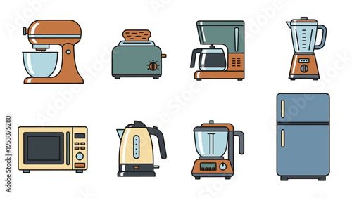 Set of kitchen appliances icons: mixer, toaster, coffee maker, blender, microwave, kettle, food processor, fridge