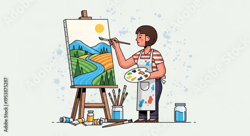 Artist Painting Landscape on Easel with Palette and Brushes.