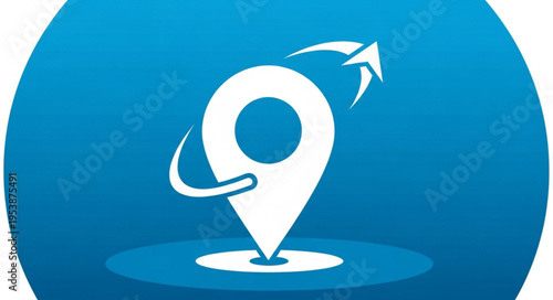 White Location Pin Icon on Blue Background with Arrow.
