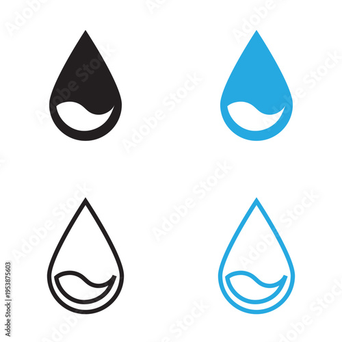 Water Drop Icons Outline Black and Blue Set. Minimal set of water droplet icons in outline, solid black, and blue styles, representing liquid, hydration, purity, and design elements.