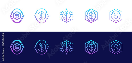 Dollar Sign Coin Badge Finance Icon Set with Blue Purple Gradient in Multiple Styles
