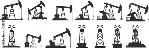 Industrial Oil Pump and Derrick Vector Icon set