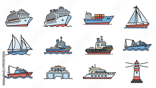 Set of various watercraft and lighthouse icons, flat design, vector illustration
