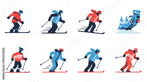 Skiing Flat Icons: Diverse Skiers in Action and Ski Gear