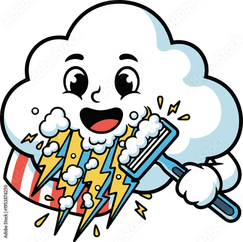 A cheerful cartoon cloud character is shaving its beard made of yellow lightning bolts with a blue razor and white shaving foam. The background is white with small sparks.