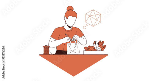 A woman ties a bow on a gift bag next to a box of produce and a spool of string.