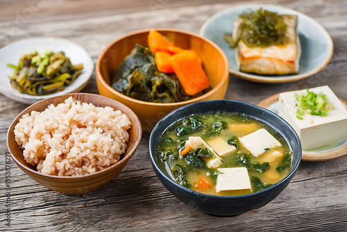 Healthy Washoku Set on Rustic Wooden Table / 素朴な木の机に置かれた健康的な和食定食