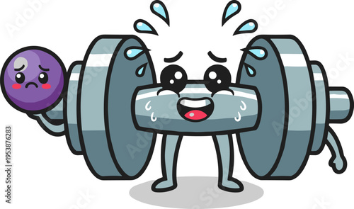 A sweating cartoon dumbbell character with a sad face holds a small bowling ball. Features are expressive eyes and mouth with sweat drops.