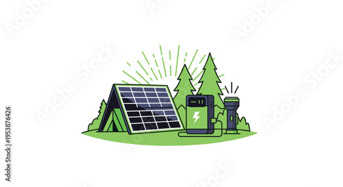 A solar panel, power bank, and flashlight are set up in a green outdoor camping environment.