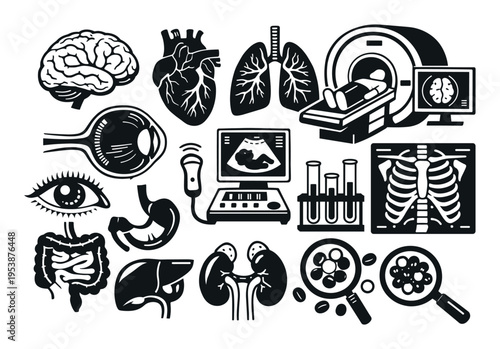 Medical icons featuring internal organs, laboratory tools, and diagnostic equipment for anatomy, health, and science concepts