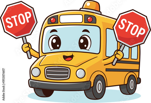 A cheerful cartoon yellow school bus with a smiling face holds two red stop signs, ready to guide young passengers safely.