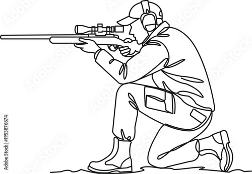 Simple line art of a marksman aiming forward, wearing protective headphones and cap