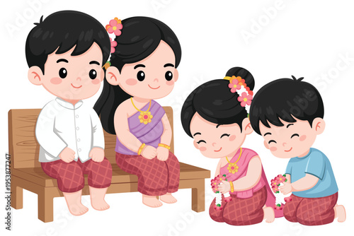 The girls and boys brought flower garlands to pay respects to their fathers and mothers.