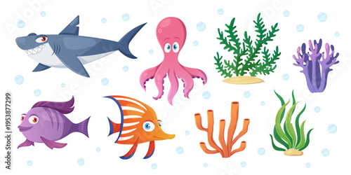 Sea creatures set of colorful fish, friendly shark and playful octopus among vibrant corals. Cartoon underwater world with seaweed, marine animals and cheerful sea life for children book illustration